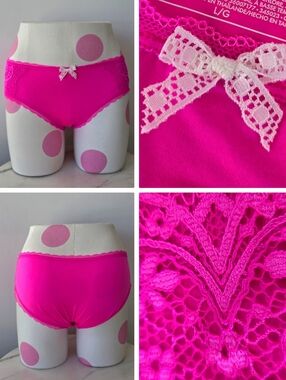 Victoria's Secret VTG Hot Pink Hiphugger  Lace Bow PantY NWT Nylon Satin